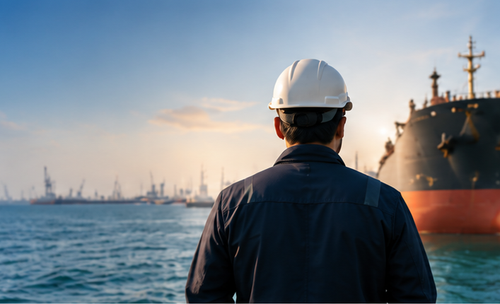 Port agent looking out at a commercial tanker in harbour